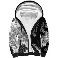 Gray Scale Hibiscus Plumeria Floral Sherpa Hoodie LT01 Unisex Black - Polynesian Pride