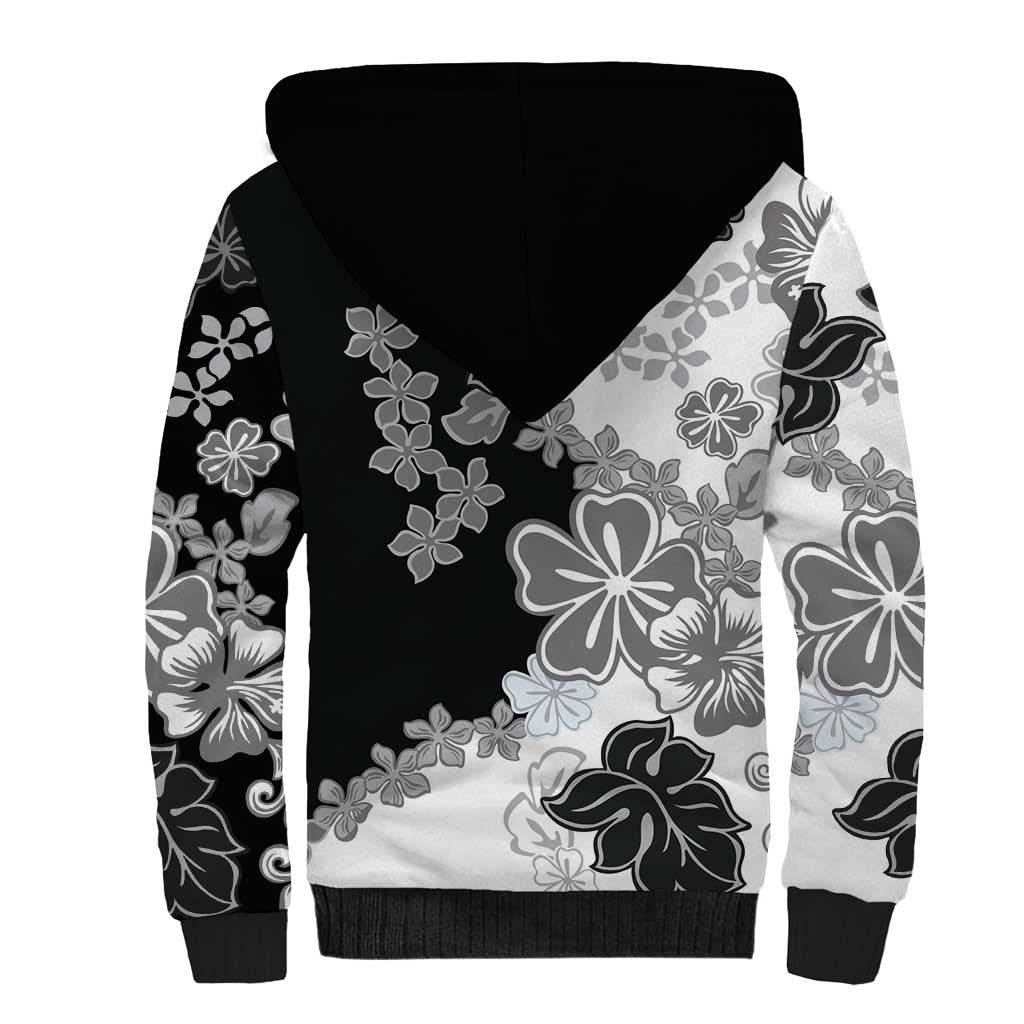 Gray Scale Hibiscus Plumeria Floral Sherpa Hoodie LT01 - Polynesian Pride