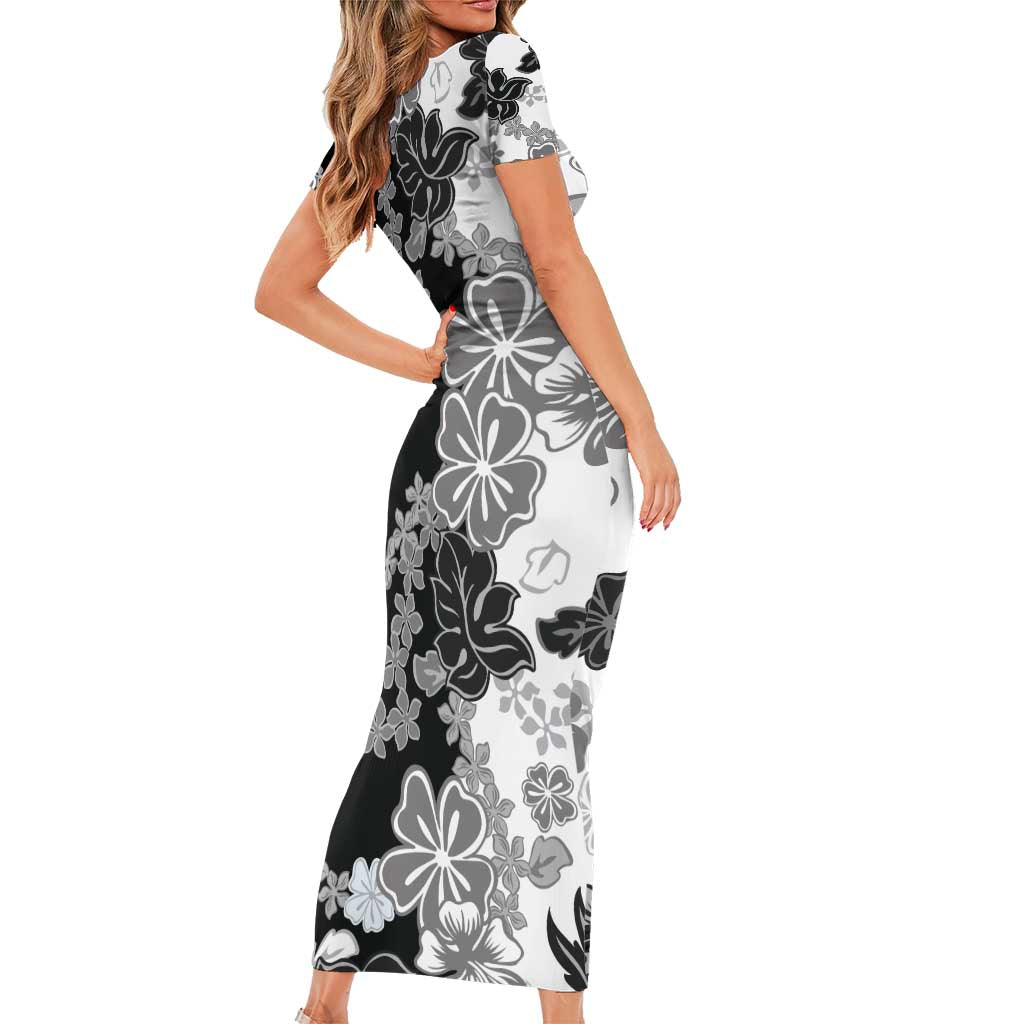 Gray Scale Hibiscus Plumeria Floral Short Sleeve Bodycon Dress - Polynesian Pride