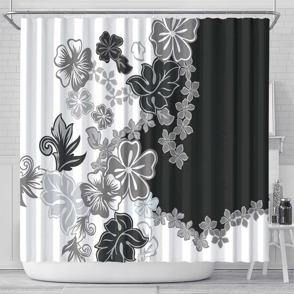 Gray Scale Hibiscus Plumeria Floral Shower Curtain - Polynesian Pride