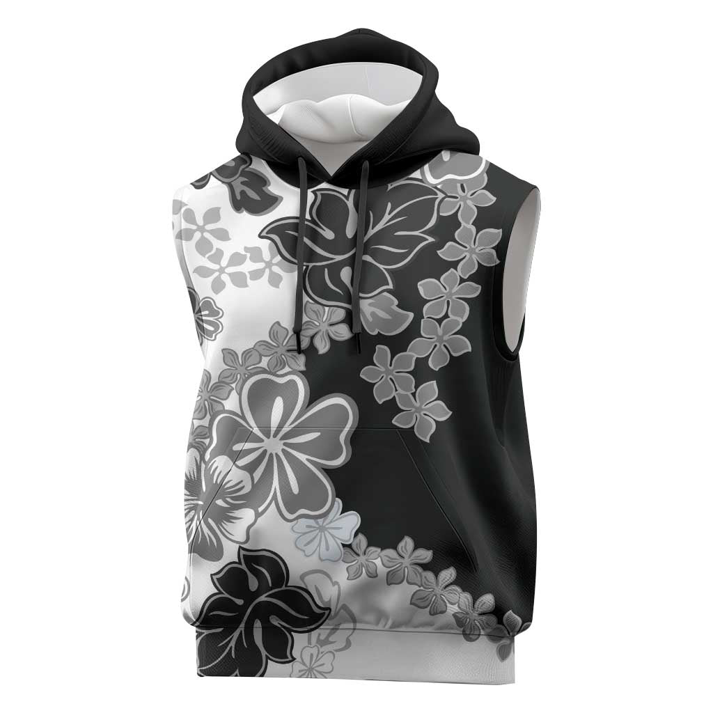 Gray Scale Hibiscus Plumeria Floral Sleeveless Hoodie LT01 Black - Polynesian Pride