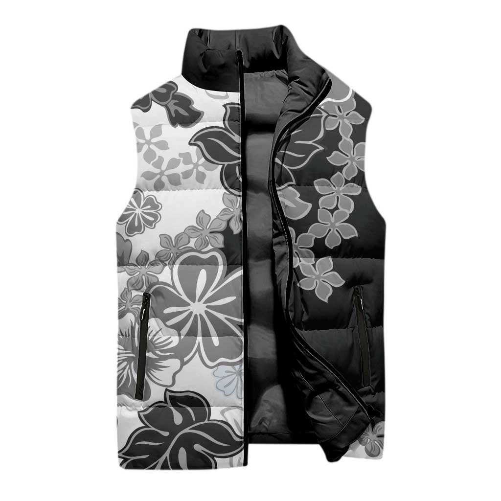 Gray Scale Hibiscus Plumeria Floral Sleeveless Puffer Jacket LT01 - Polynesian Pride