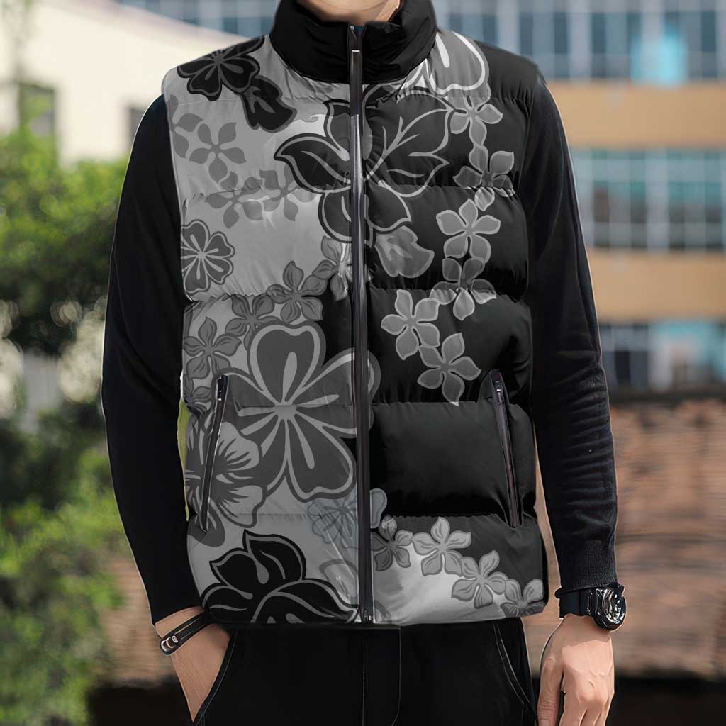 Gray Scale Hibiscus Plumeria Floral Sleeveless Puffer Jacket LT01 - Polynesian Pride