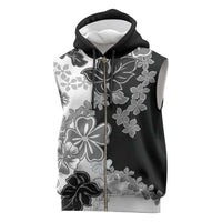 Gray Scale Hibiscus Plumeria Floral Sleeveless Zip Hoodie - Polynesian Pride