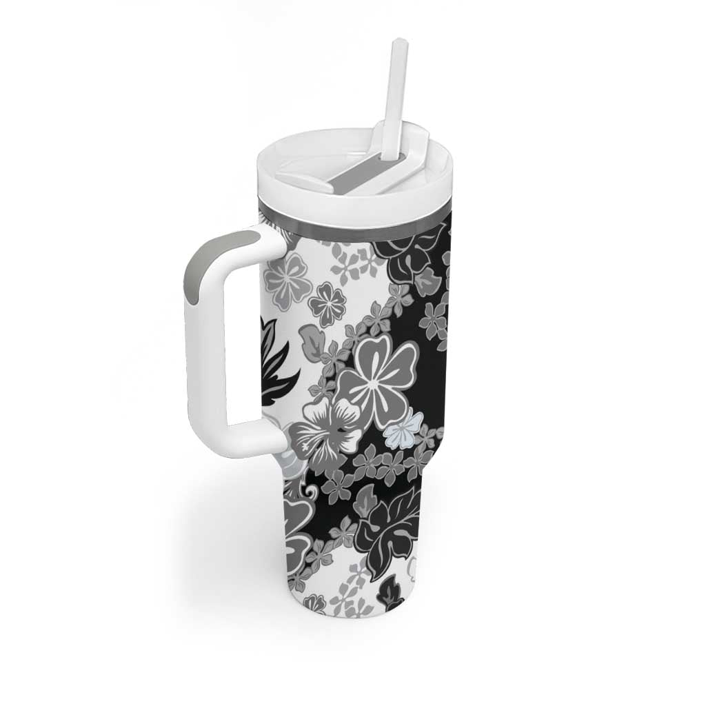 Gray Scale Hibiscus Plumeria Floral Tumbler With Handle - Polynesian Pride