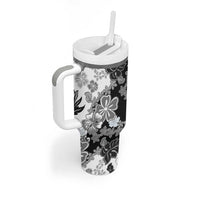 Gray Scale Hibiscus Plumeria Floral Tumbler With Handle - Polynesian Pride
