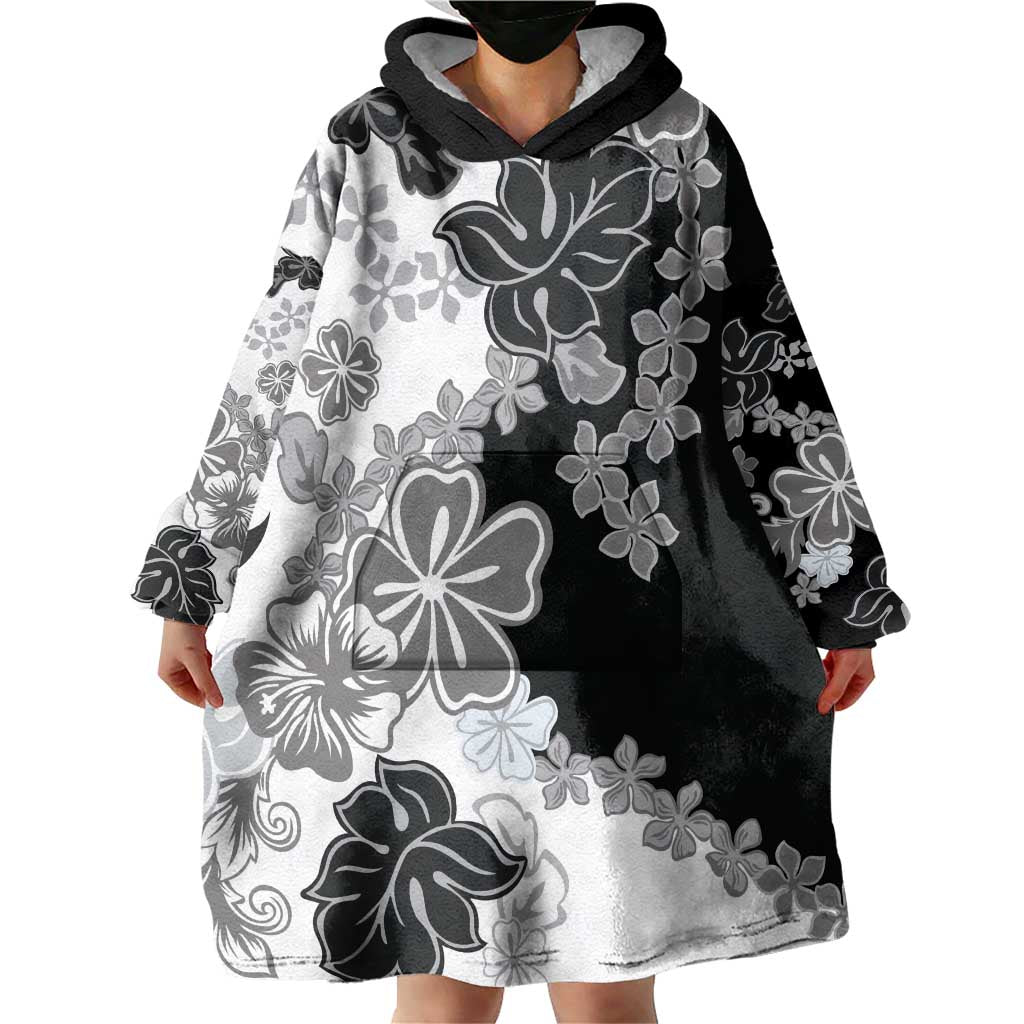 Gray Scale Hibiscus Plumeria Floral Wearable Blanket Hoodie LT01 - Polynesian Pride