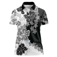 Gray Scale Hibiscus Plumeria Floral Women Polo Shirt - Polynesian Pride