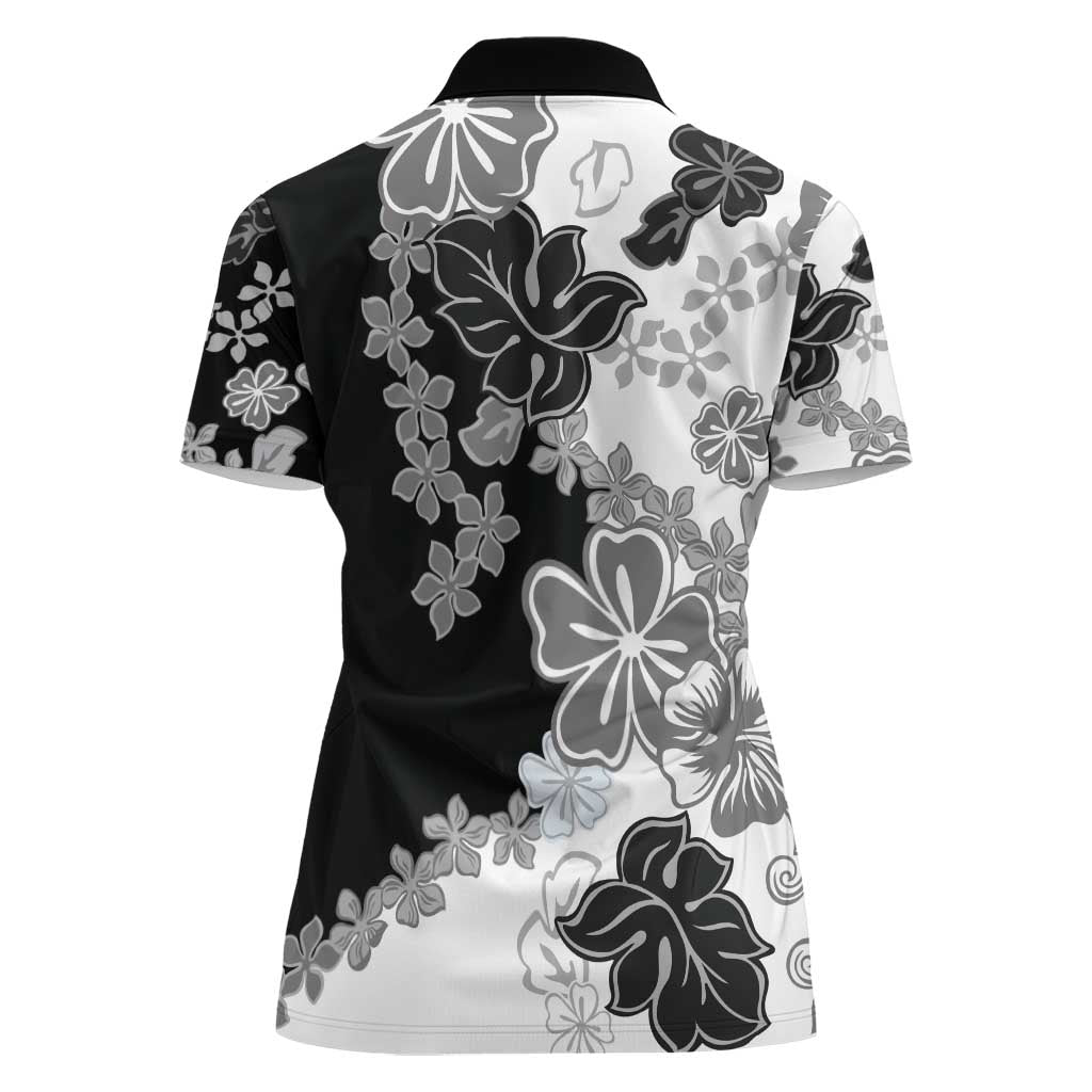Gray Scale Hibiscus Plumeria Floral Women Polo Shirt - Polynesian Pride