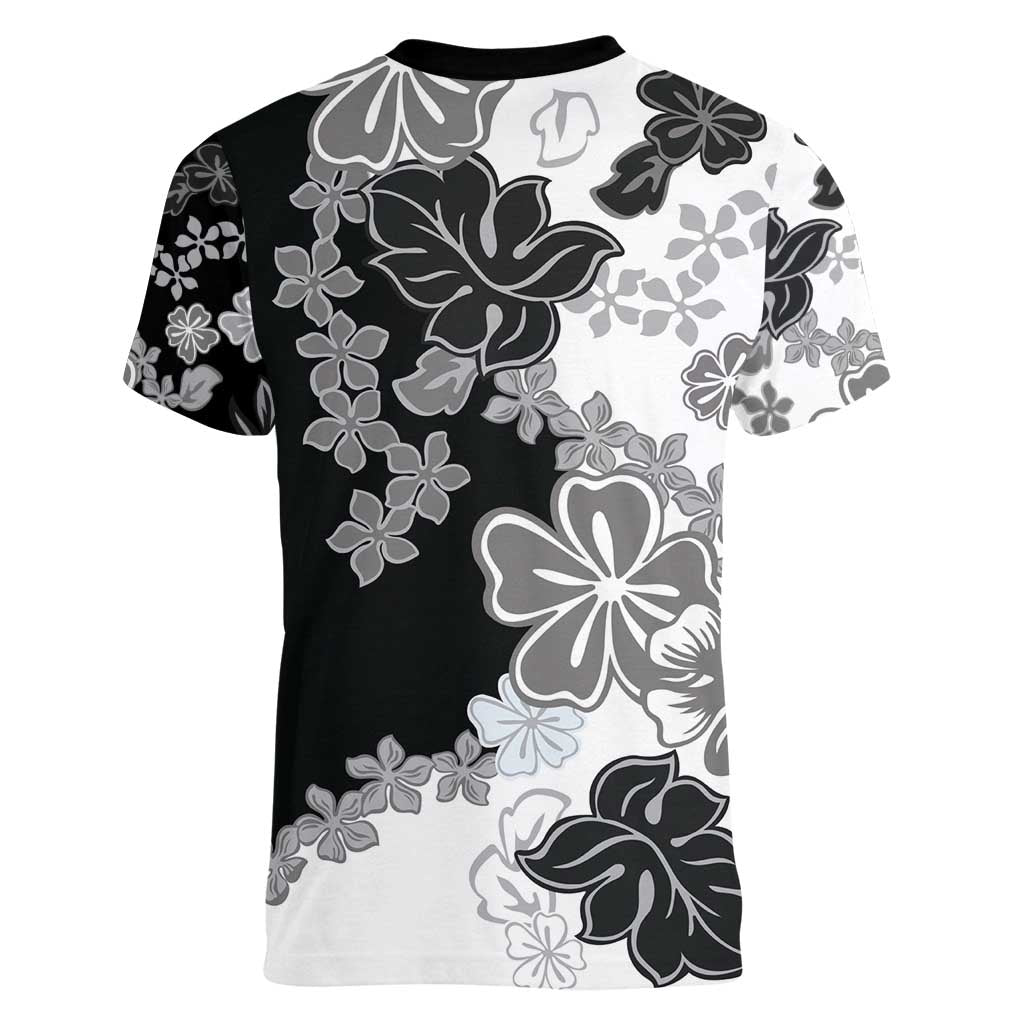 Gray Scale Hibiscus Plumeria Floral Women V-Neck T-Shirt - Polynesian Pride