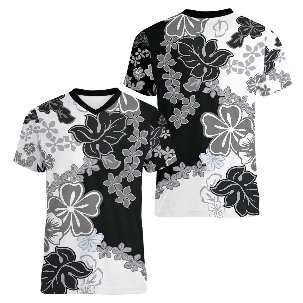 Gray Scale Hibiscus Plumeria Floral Women V-Neck T-Shirt - Polynesian Pride