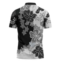 Gray Scale Hibiscus Plumeria Floral Zipper Polo Shirt LT01 - Polynesian Pride