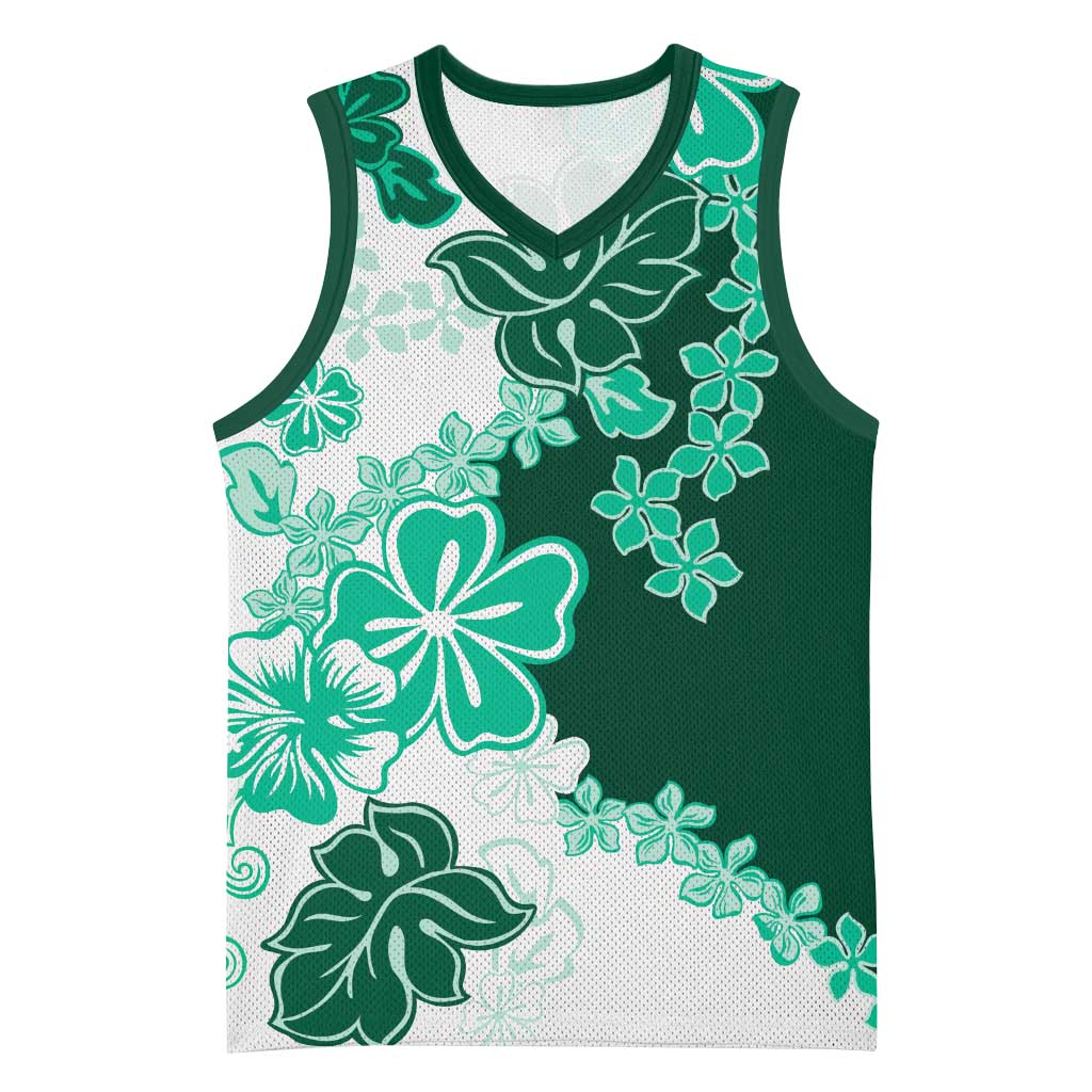 Green Hibiscus Plumeria Floral Basketball Jersey LT01 Unisex Green - Polynesian Pride