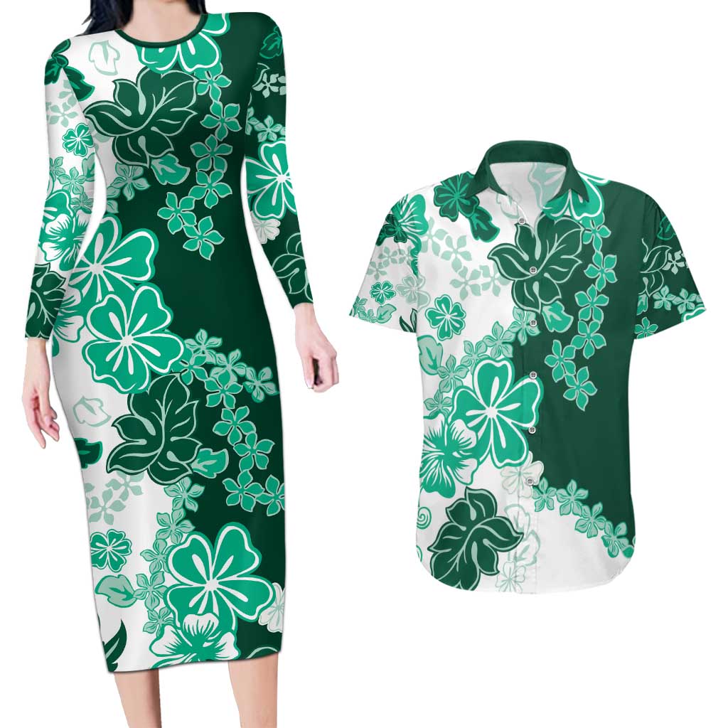 Green Hibiscus Plumeria Floral Couples Matching Long Sleeve Bodycon Dress and Hawaiian Shirt - Polynesian Pride