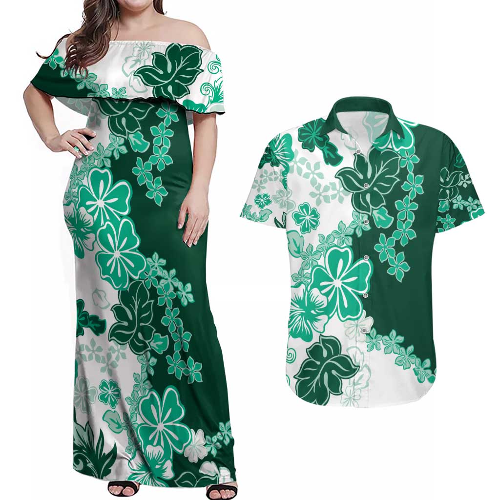 Green Hibiscus Plumeria Floral Couples Matching Off Shoulder Maxi Dress and Hawaiian Shirt - Polynesian Pride