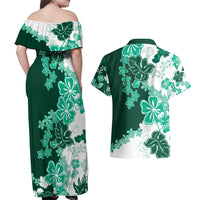 Green Hibiscus Plumeria Floral Couples Matching Off Shoulder Maxi Dress and Hawaiian Shirt - Polynesian Pride