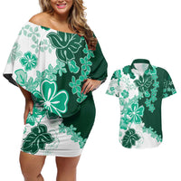 Green Hibiscus Plumeria Floral Couples Matching Off Shoulder Short Dress and Hawaiian Shirt - Polynesian Pride