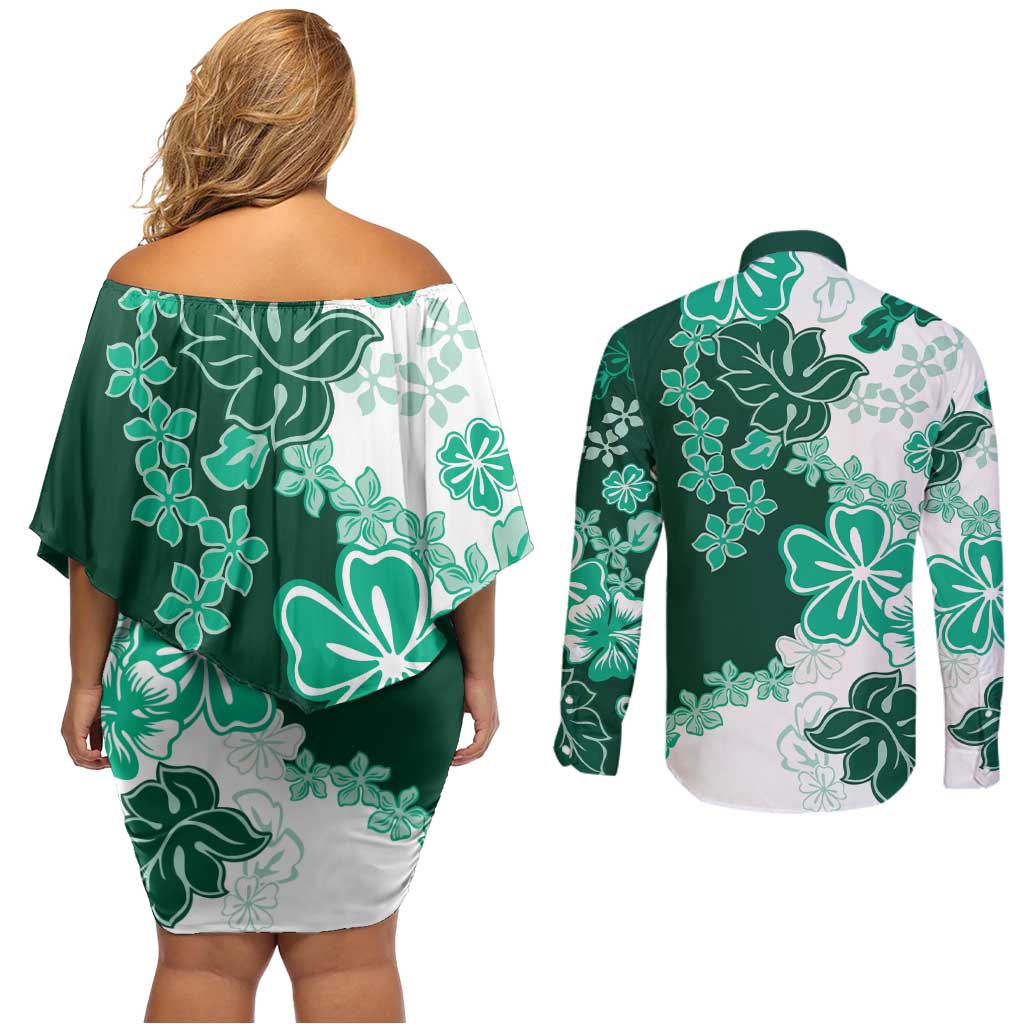 Green Hibiscus Plumeria Floral Couples Matching Off Shoulder Short Dress and Long Sleeve Button Shirt - Polynesian Pride