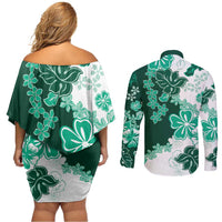Green Hibiscus Plumeria Floral Couples Matching Off Shoulder Short Dress and Long Sleeve Button Shirt - Polynesian Pride