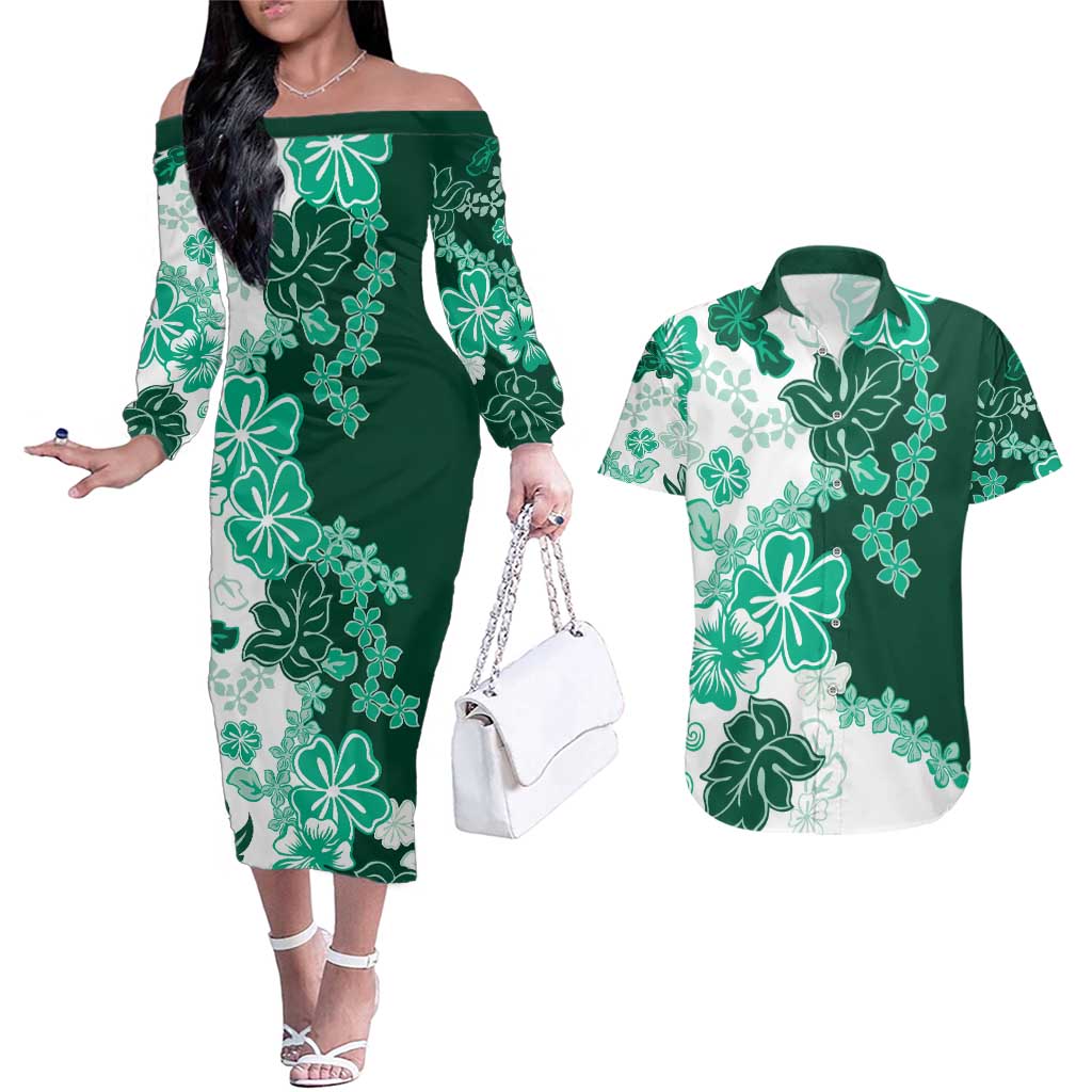 Green Hibiscus Plumeria Floral Couples Matching Off The Shoulder Long Sleeve Dress and Hawaiian Shirt - Polynesian Pride