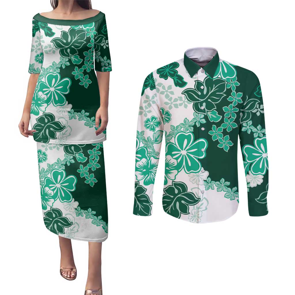 Green Hibiscus Plumeria Floral Couples Matching Puletasi and Long Sleeve Button Shirt LT01 Green - Polynesian Pride