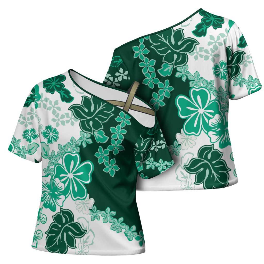 Green Hibiscus Plumeria Floral Cross Shoulder Shirt LT01 - Polynesian Pride