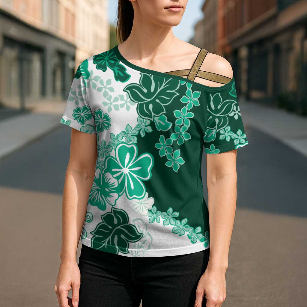 Green Hibiscus Plumeria Floral Cross Shoulder Shirt LT01 - Polynesian Pride