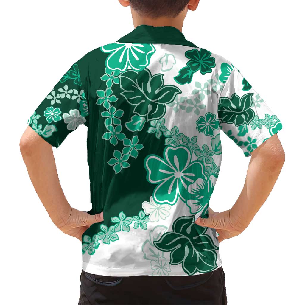Green Hibiscus Plumeria Floral Family Matching Long Sleeve Bodycon Dress and Hawaiian Shirt - Polynesian Pride