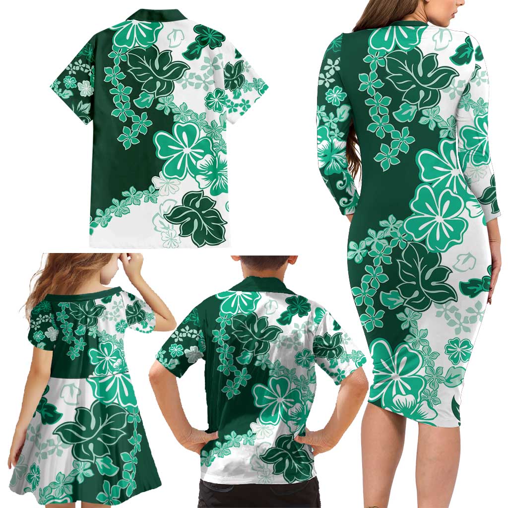Green Hibiscus Plumeria Floral Family Matching Long Sleeve Bodycon Dress and Hawaiian Shirt - Polynesian Pride