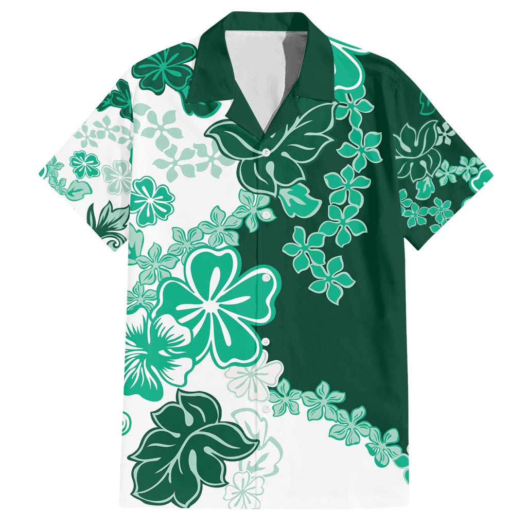 Green Hibiscus Plumeria Floral Family Matching Long Sleeve Bodycon Dress and Hawaiian Shirt - Polynesian Pride