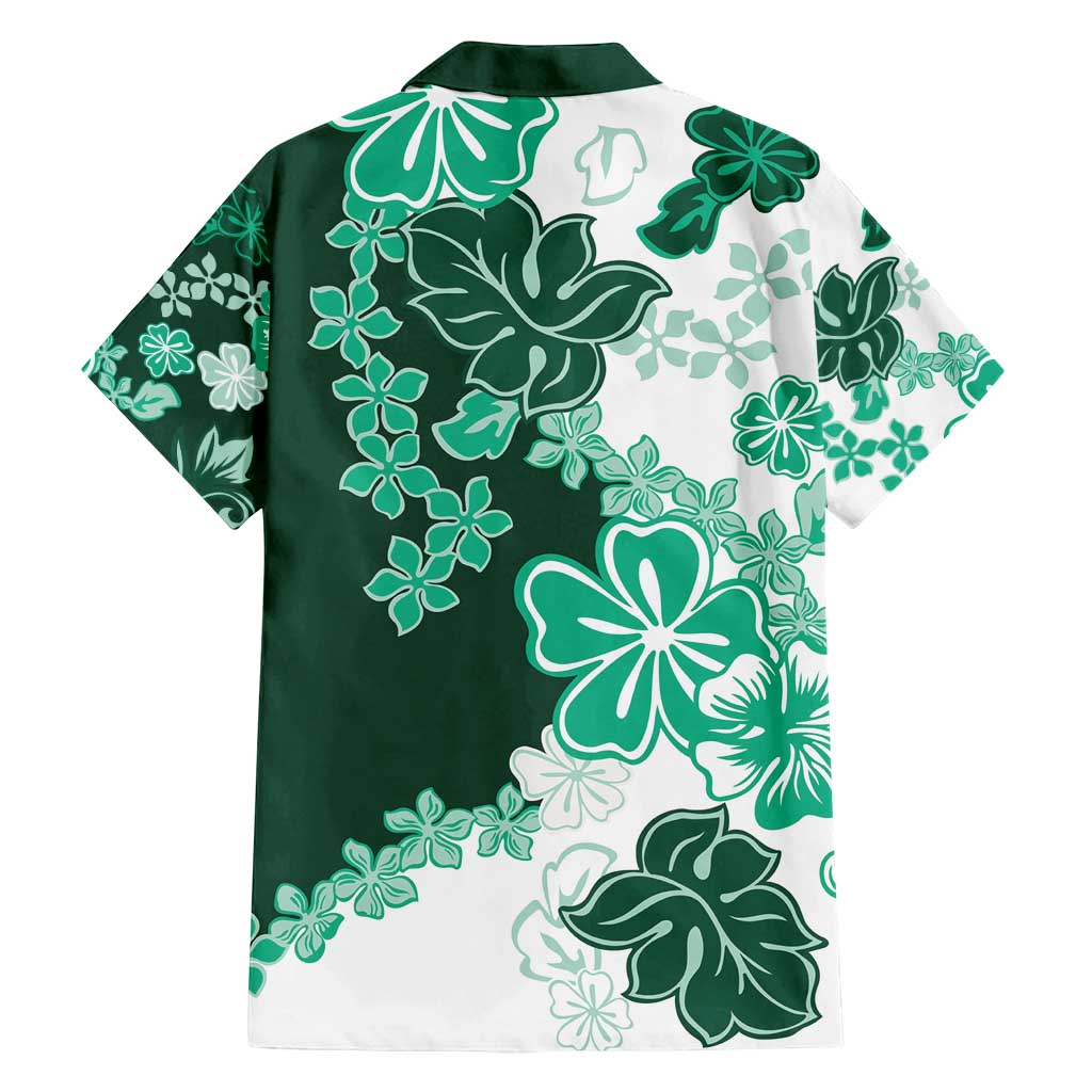 Green Hibiscus Plumeria Floral Family Matching Long Sleeve Bodycon Dress and Hawaiian Shirt - Polynesian Pride
