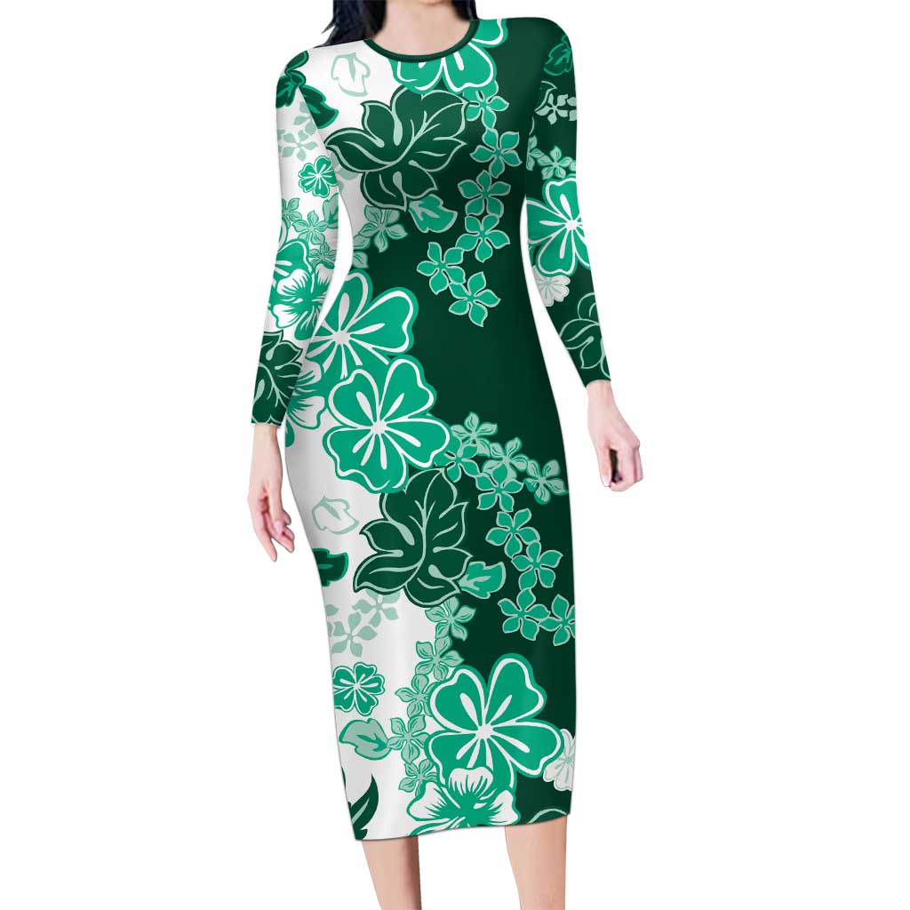 Green Hibiscus Plumeria Floral Family Matching Long Sleeve Bodycon Dress and Hawaiian Shirt - Polynesian Pride