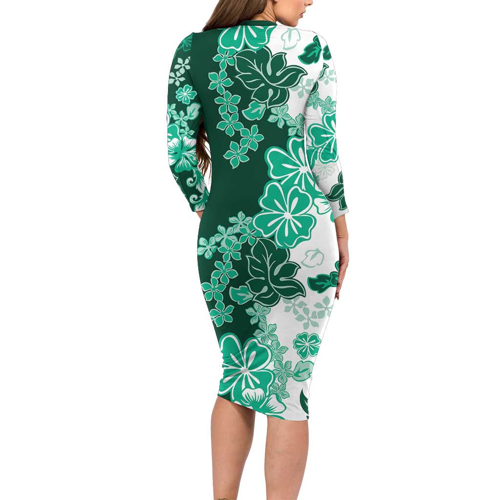 Green Hibiscus Plumeria Floral Family Matching Long Sleeve Bodycon Dress and Hawaiian Shirt - Polynesian Pride
