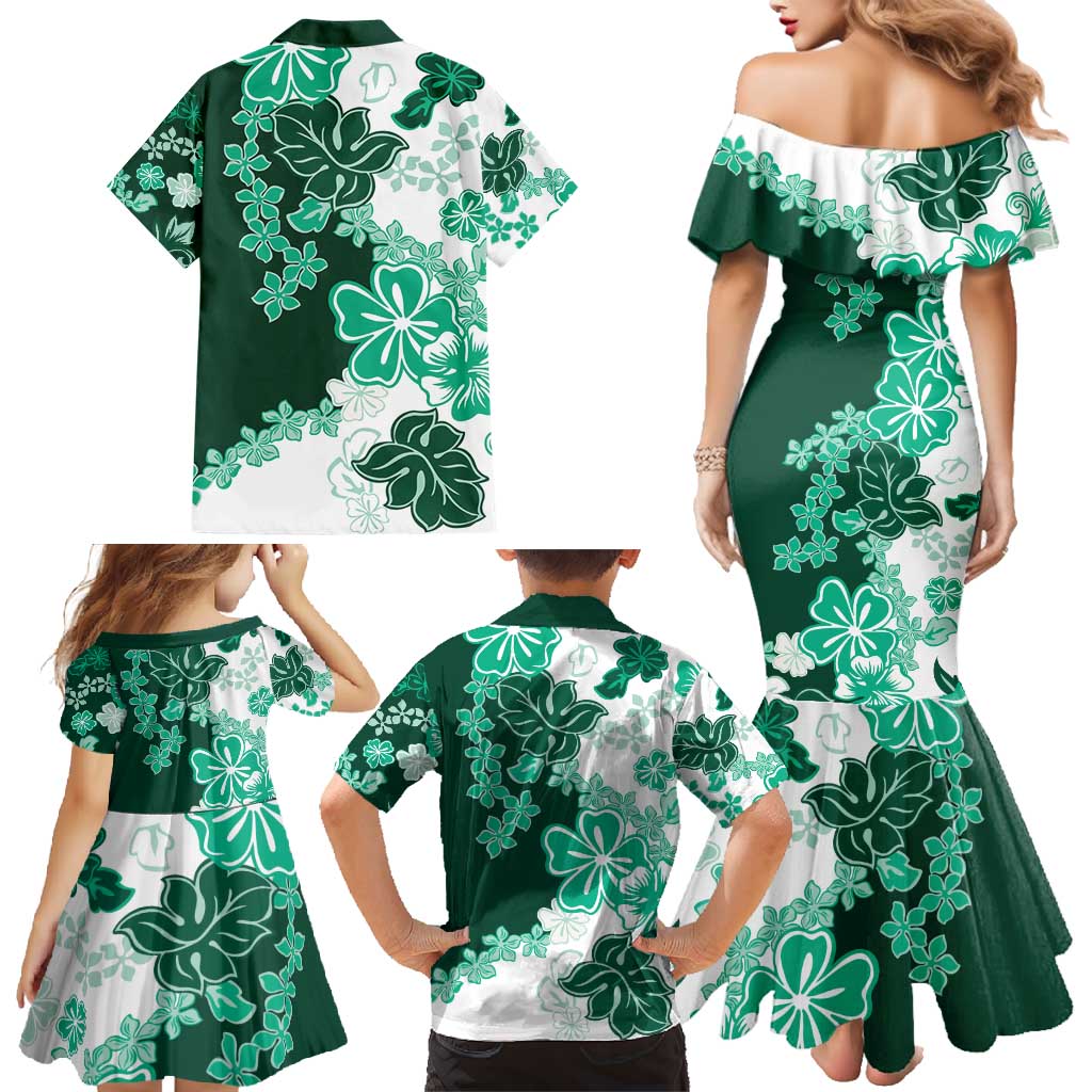 Green Hibiscus Plumeria Floral Family Matching Mermaid Dress and Hawaiian Shirt - Polynesian Pride