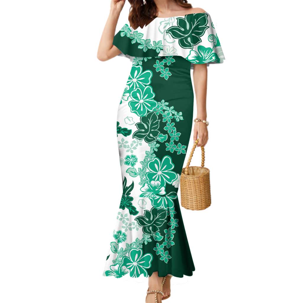 Green Hibiscus Plumeria Floral Family Matching Mermaid Dress and Hawaiian Shirt - Polynesian Pride