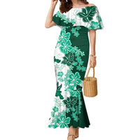 Green Hibiscus Plumeria Floral Family Matching Mermaid Dress and Hawaiian Shirt - Polynesian Pride