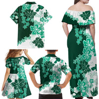 Green Hibiscus Plumeria Floral Family Matching Off Shoulder Maxi Dress and Hawaiian Shirt - Polynesian Pride