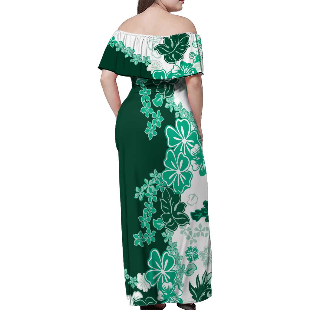 Green Hibiscus Plumeria Floral Family Matching Off Shoulder Maxi Dress and Hawaiian Shirt - Polynesian Pride