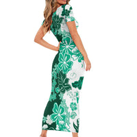 Green Hibiscus Plumeria Floral Family Matching Short Sleeve Bodycon Dress and Hawaiian Shirt - Polynesian Pride