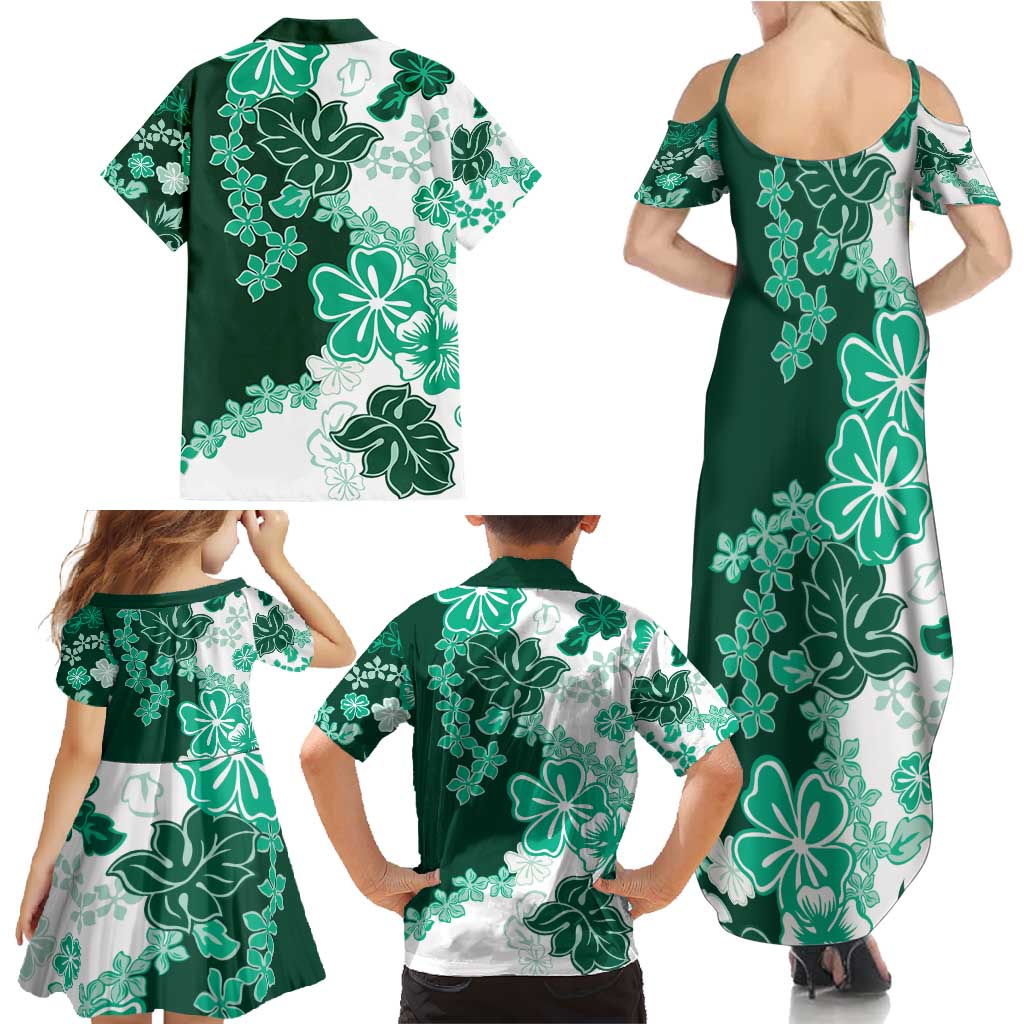 Green Hibiscus Plumeria Floral Family Matching Summer Maxi Dress and Hawaiian Shirt - Polynesian Pride