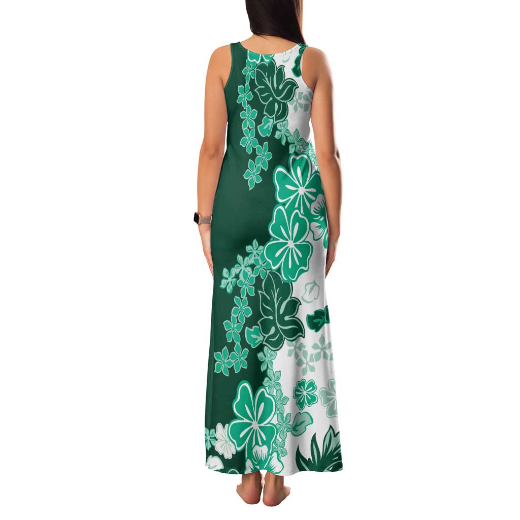 Green Hibiscus Plumeria Floral Family Matching Tank Maxi Dress and Hawaiian Shirt - Polynesian Pride