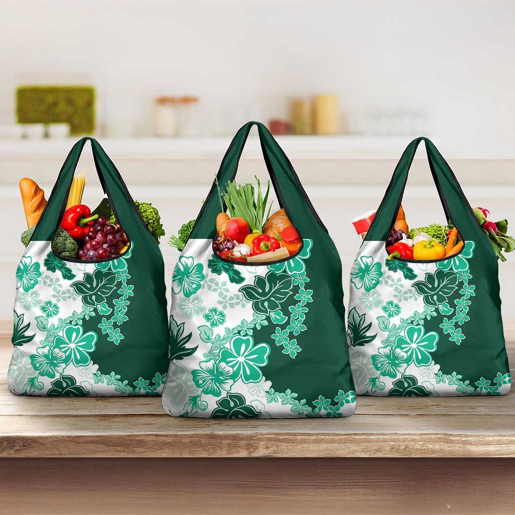 Green Hibiscus Plumeria Floral Grocery Bag LT01 3-pack One Size Green - Polynesian Pride