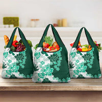 Green Hibiscus Plumeria Floral Grocery Bag LT01 3-pack One Size Green - Polynesian Pride
