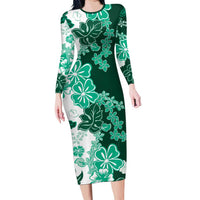 Green Hibiscus Plumeria Floral Long Sleeve Bodycon Dress - Polynesian Pride