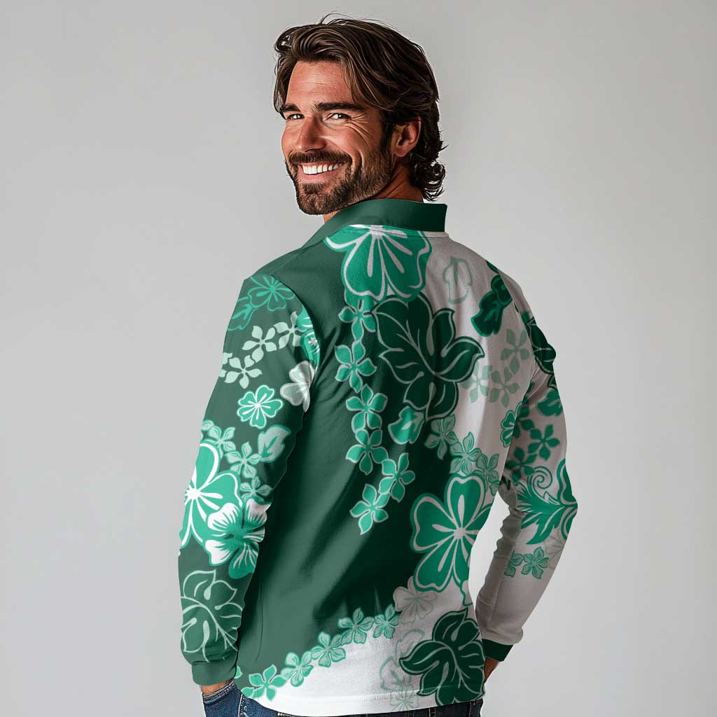 Green Hibiscus Plumeria Floral Long Sleeve Polo Shirt LT01 - Polynesian Pride