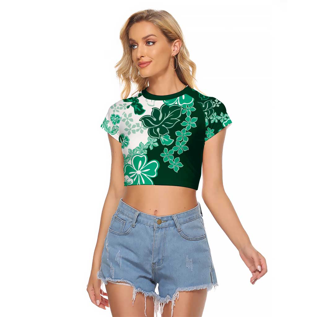 Green Hibiscus Plumeria Floral Raglan Cropped T Shirt - Polynesian Pride