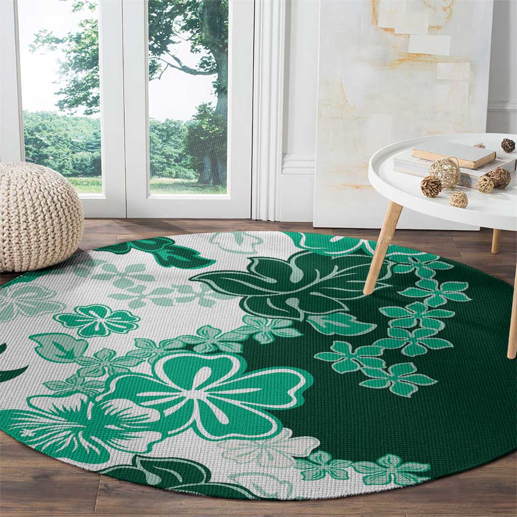 Green Hibiscus Plumeria Floral Round Carpet - Polynesian Pride