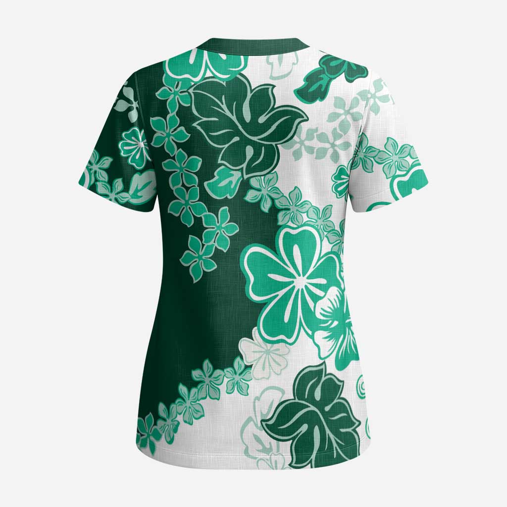 Green Hibiscus Plumeria Floral Scrub Top LT01 - Polynesian Pride