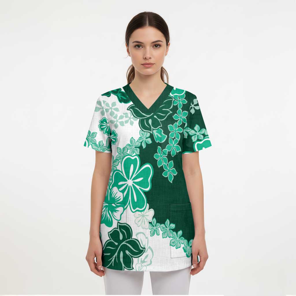Green Hibiscus Plumeria Floral Scrub Top LT01 - Polynesian Pride