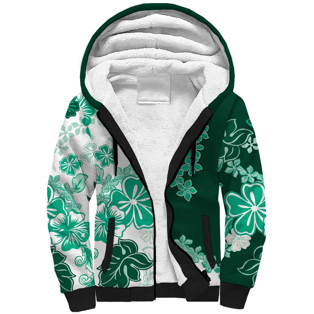 Green Hibiscus Plumeria Floral Sherpa Hoodie LT01 Unisex Green - Polynesian Pride